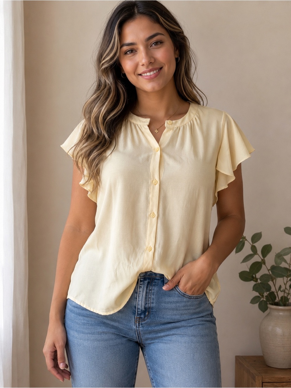 Investments Light Yellow Ruffle Sleeve Button-Front Women's Top